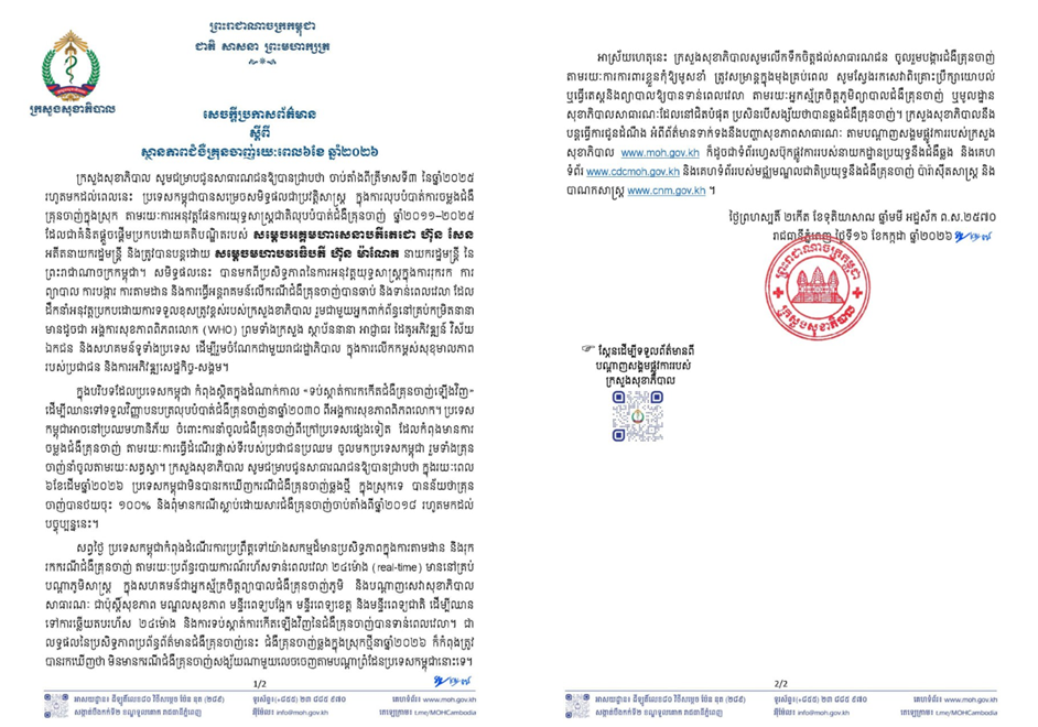 ស្ថានភាពជំងឺគ្រុនចាញ់រយៈពេល៦ខែ ឆ្នាំ២០២៦